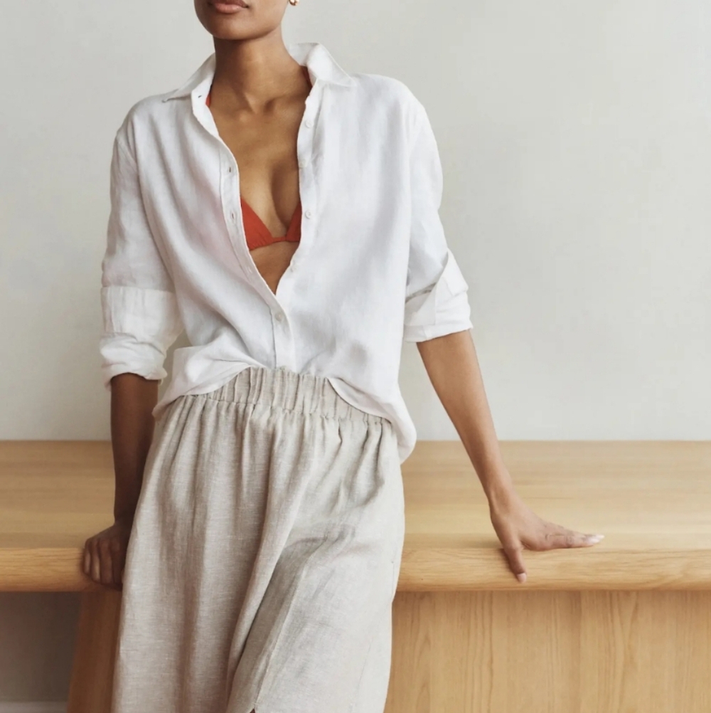 Quince Womens 100% European Linen Long Sleeve Shirt White Sleeved Top L